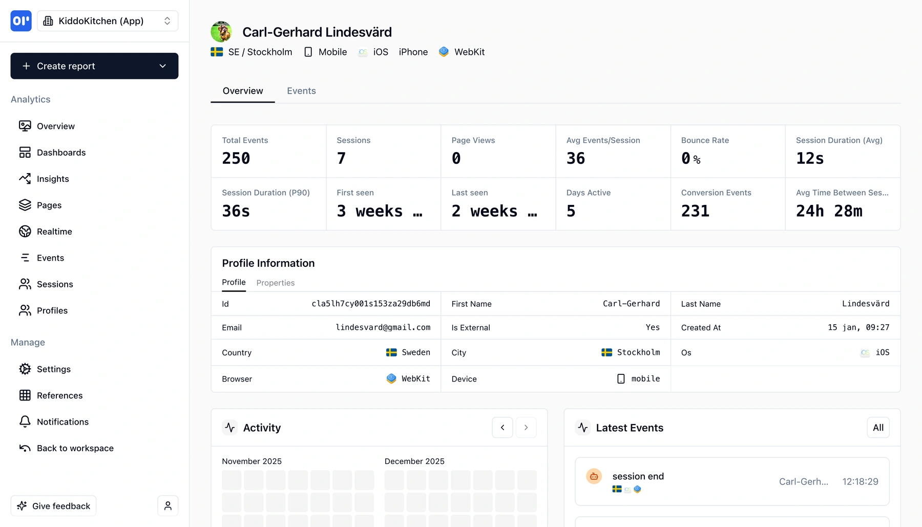 User profile showing activity timeline and properties in Helion